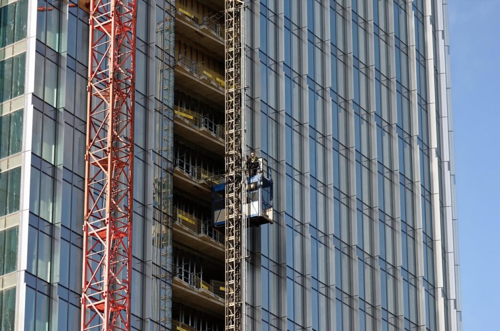 building, the block, construction, the site, crane, elevator lift, the elevator, the external, windows, workers, architecture, concrete