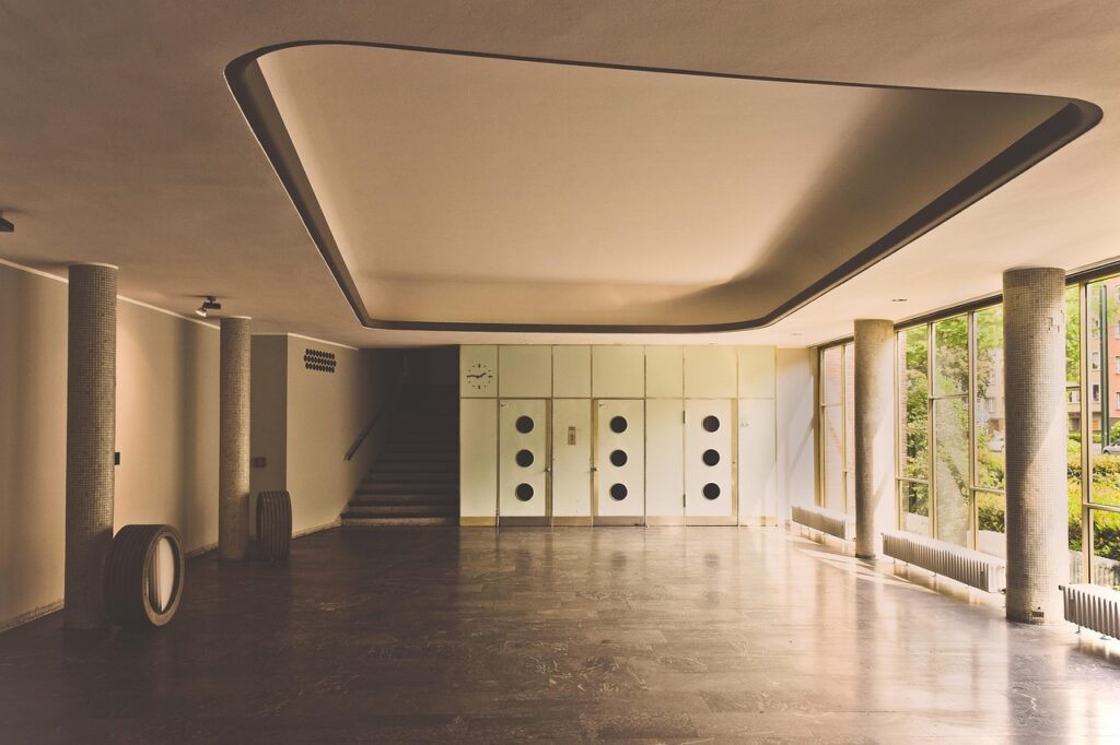 architecture, building, foyer, input range, elevator, stairs, 50s, kidney table form, design, window, columns, vintage, retro, classic, city, office building, foyer, elevator, elevator, elevator, elevator, elevator